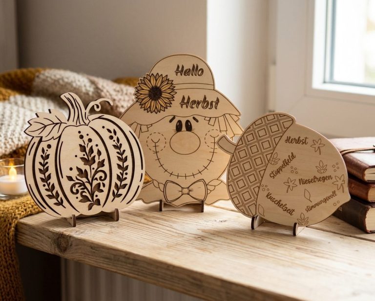 Dreiteiliges Herbst-Deko-Set aus Holz auf einer Holzoberfläche mit Teelicht: Ein gravierter Kürbis mit Pflanzenmuster und Vogelscheuche.